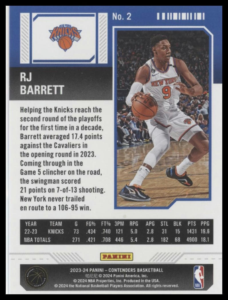 2023-24 Panini Contenders #2 RJ Barrett Season Ticket Premium Edition