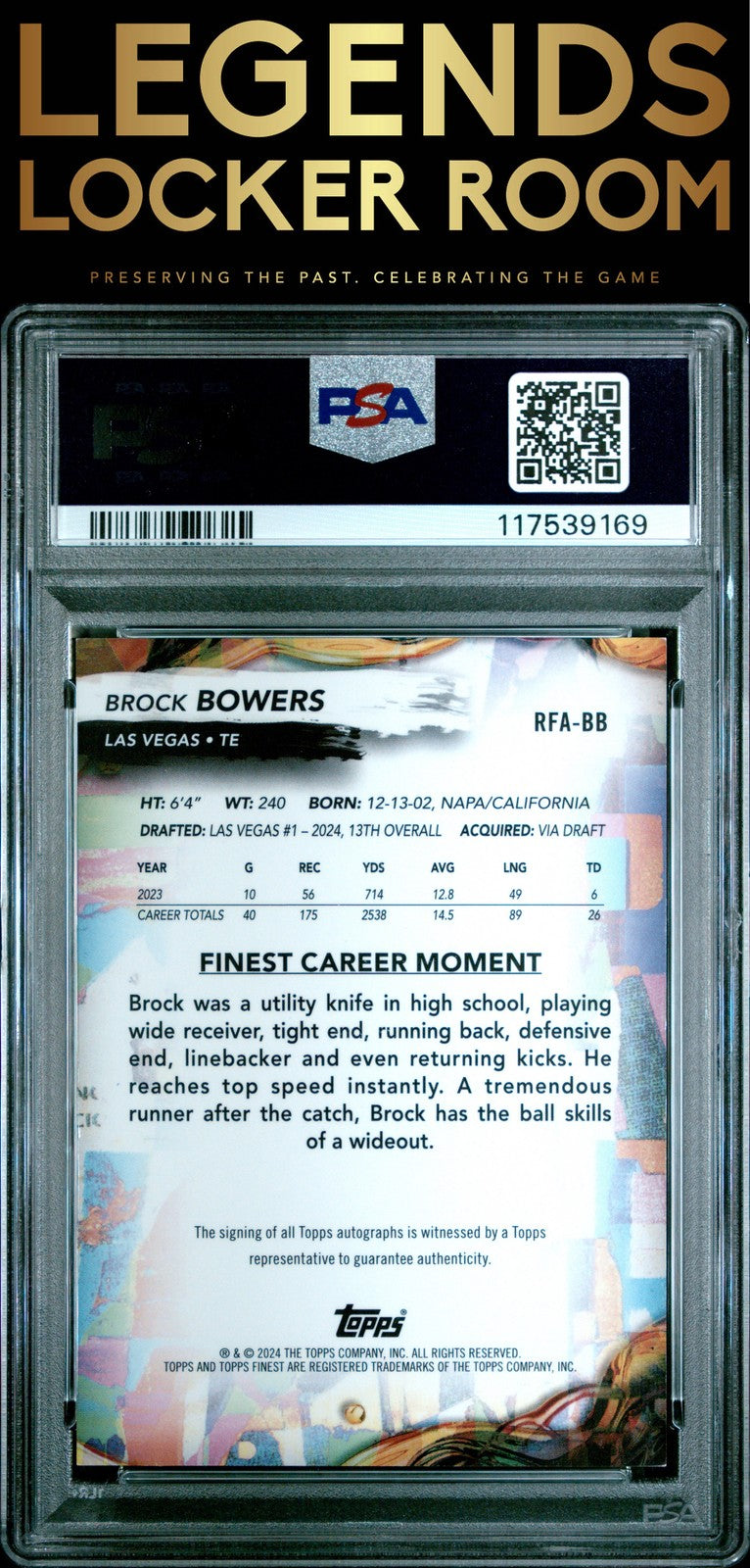 2024 Topps Finest Rookie Autographs Brock Bowers Oil Spill PSA 9