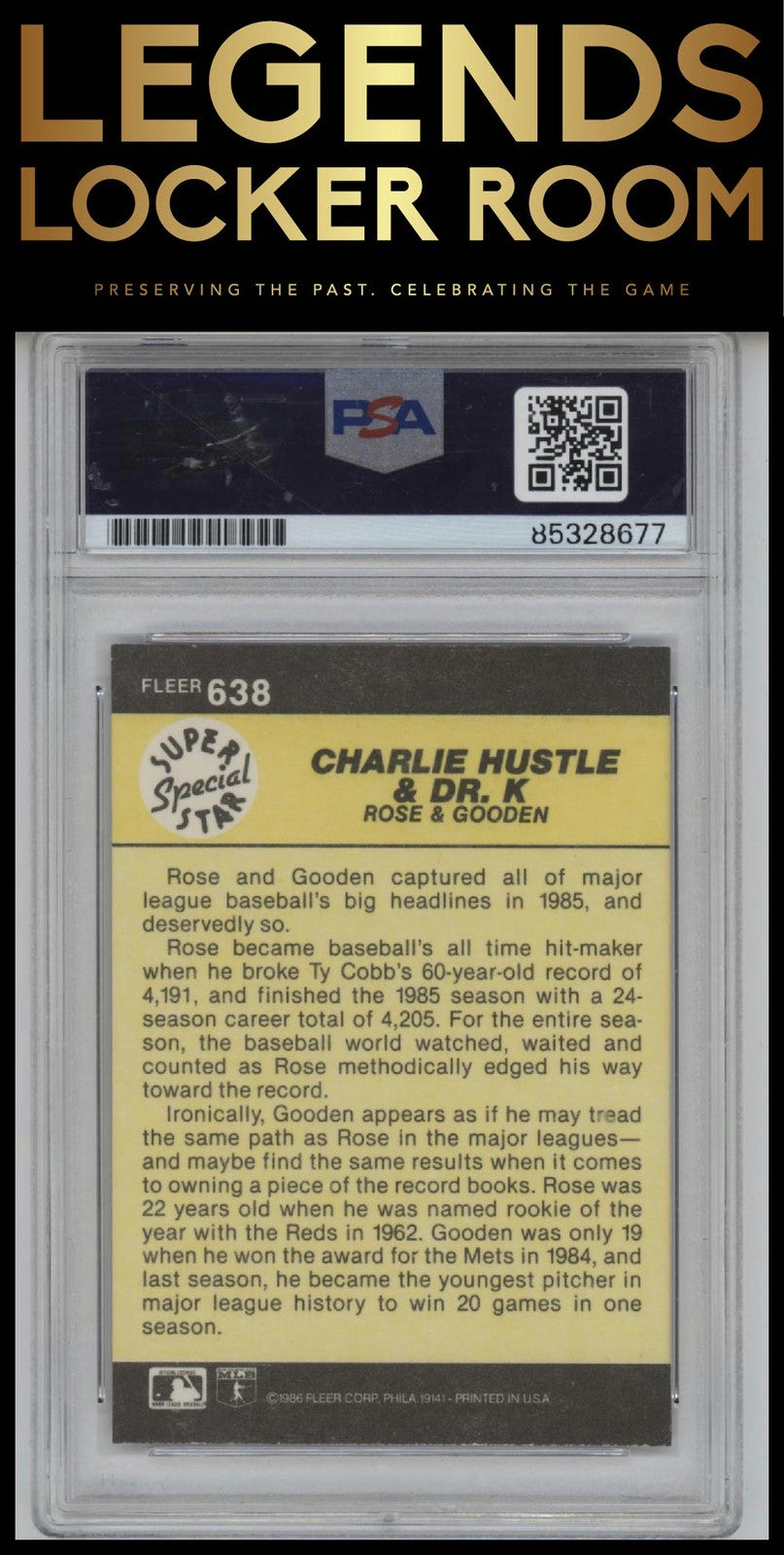 1986 Fleer #638 Charlie Hustle & Dr. K (Pete Rose / Dwight Gooden) PSA Authentic