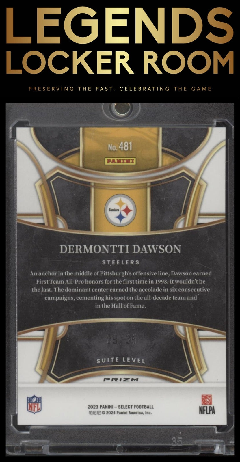 2023 Panini Select #481 Dermontti Dawson White Prizms #/35