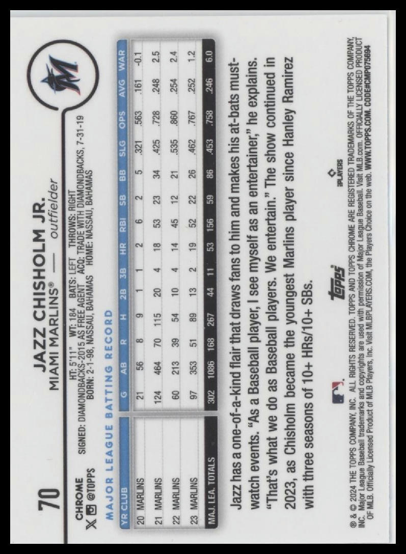 2024 Topps Chrome #70 Jazz Chisholm Jr.