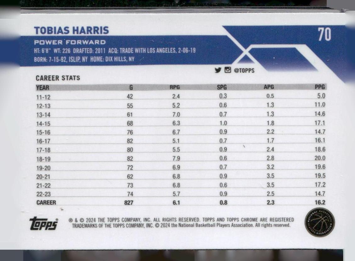 2023-24 Topps Chrome #70 Tobias Harris