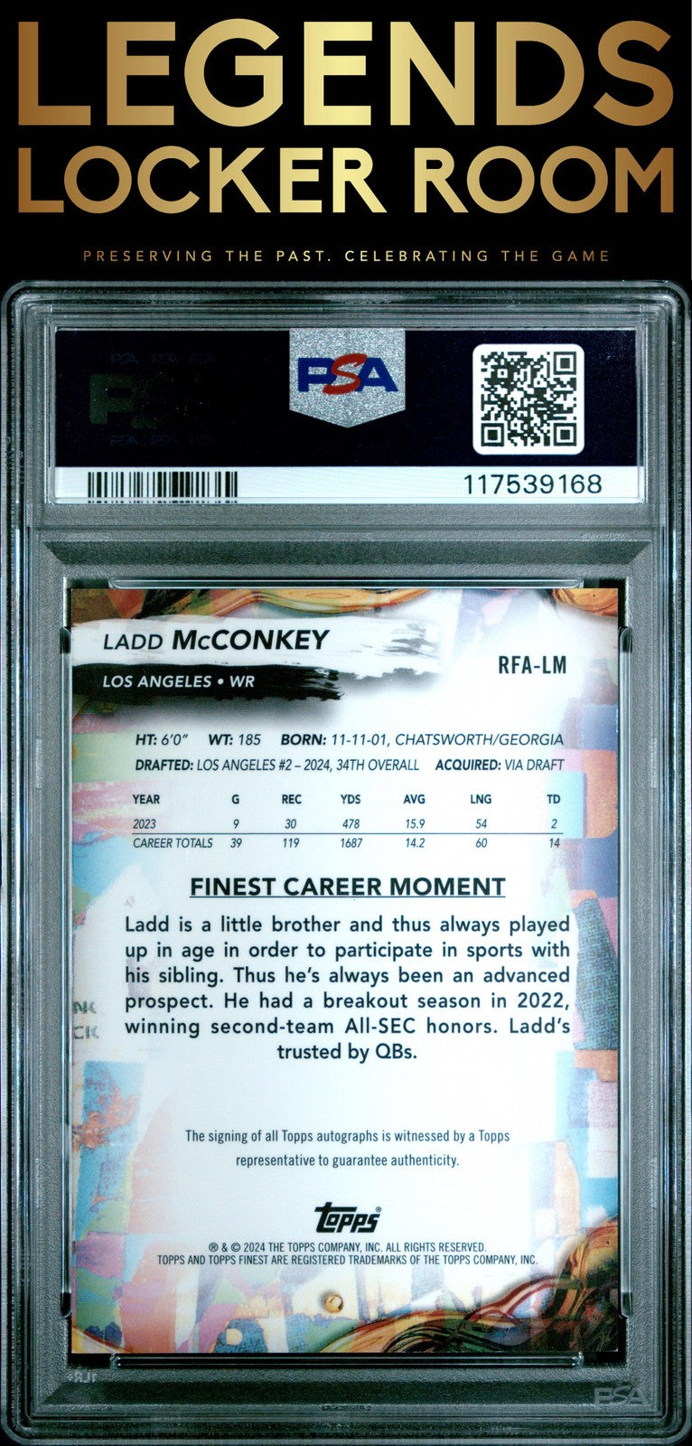 2024 Topps Finest Rookie Finest Autographs Ladd Mcconkey /99 PSA 9
