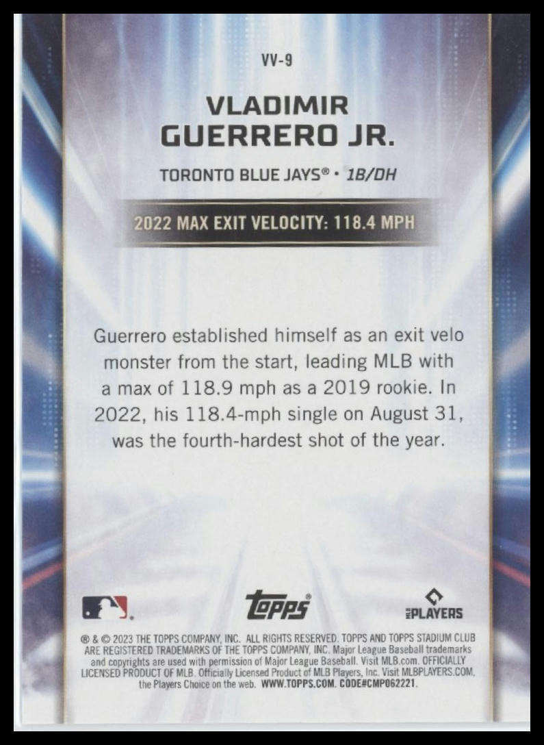 2023 Stadium Club #VV-9 Vladimir Guerrero Jr. Virtuosos of Velocity