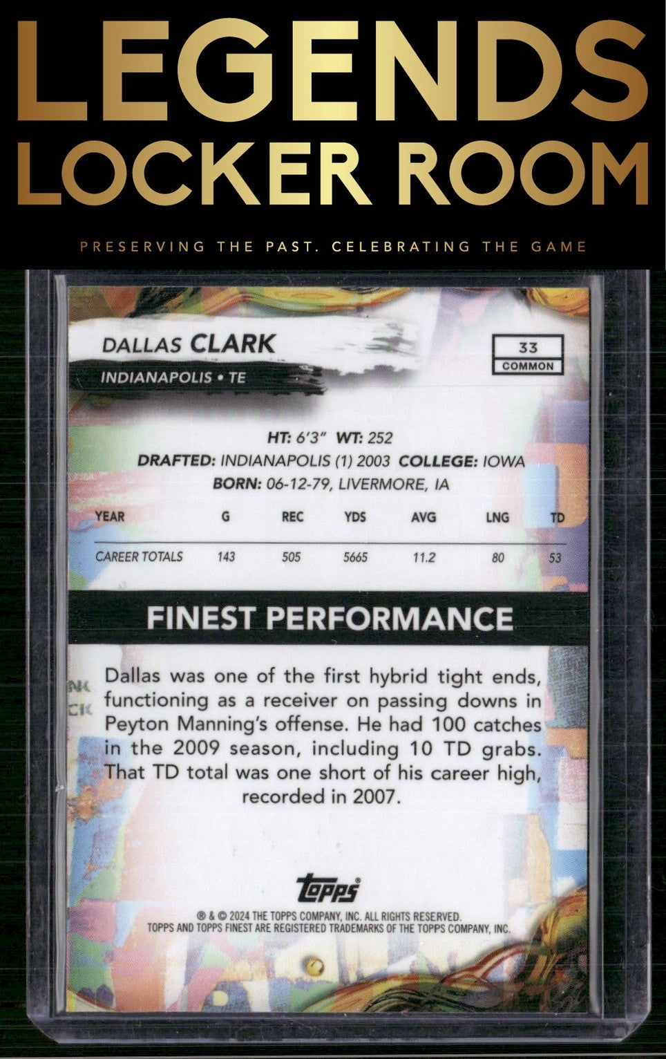 2024 Finest #33 Dallas Clark Purple Checkerboard Refractor #/150