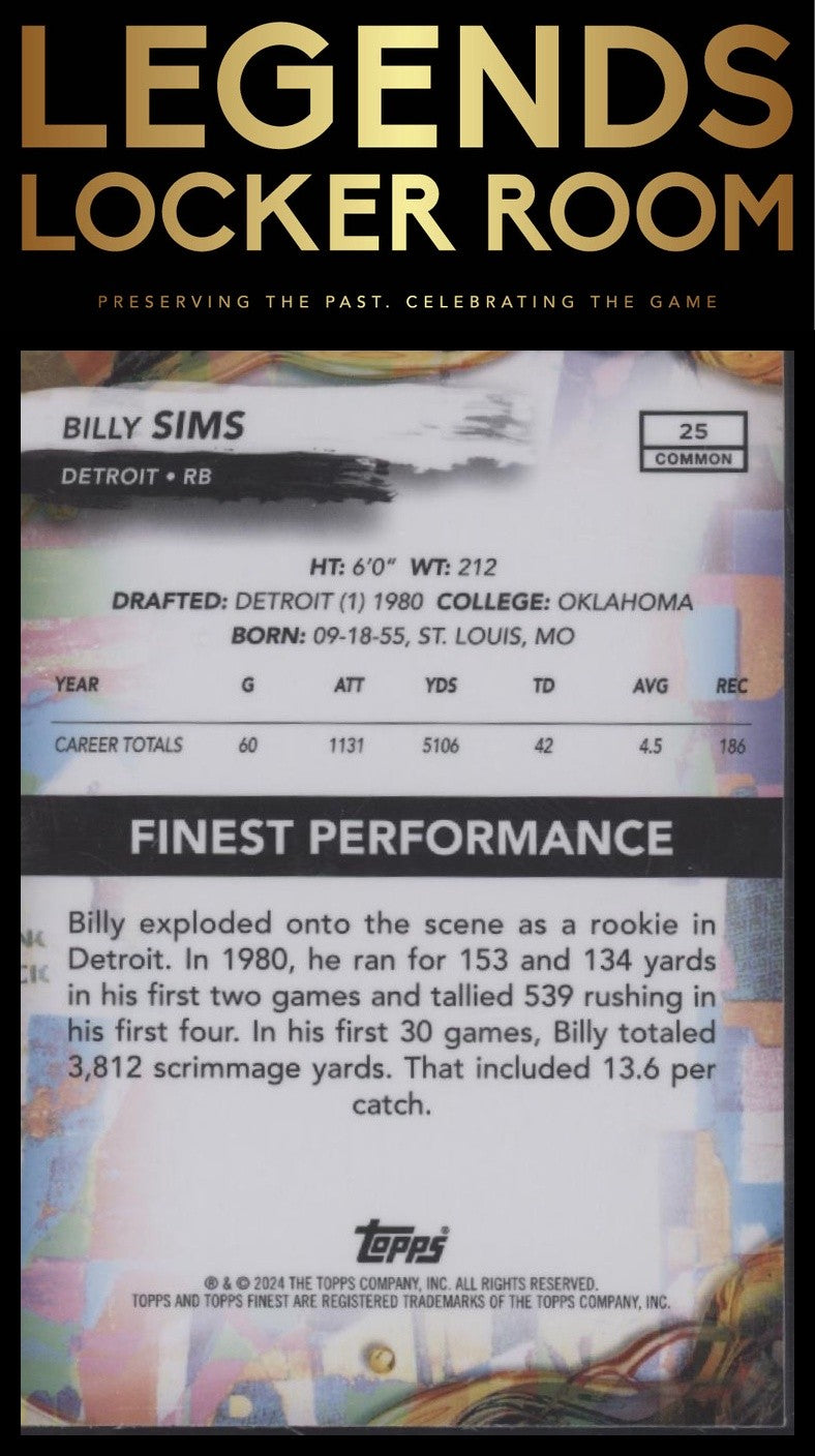 2024 Finest #25 Billy Sims Blue Checkerboard Refractor #/99