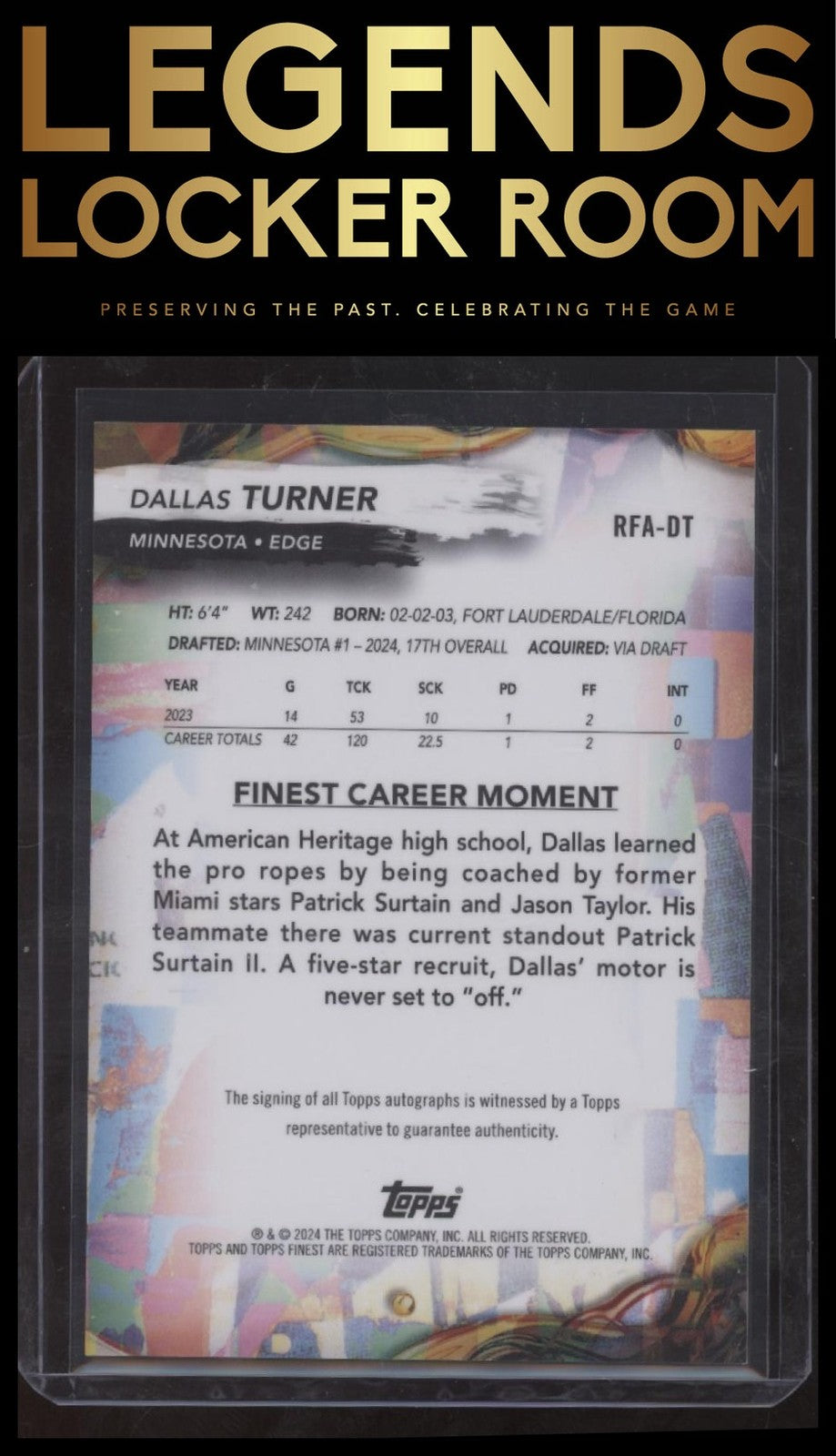 2024 Finest #RFA-DT Dallas Turner Rookie Finest Autographs Gold Refractor #/50
