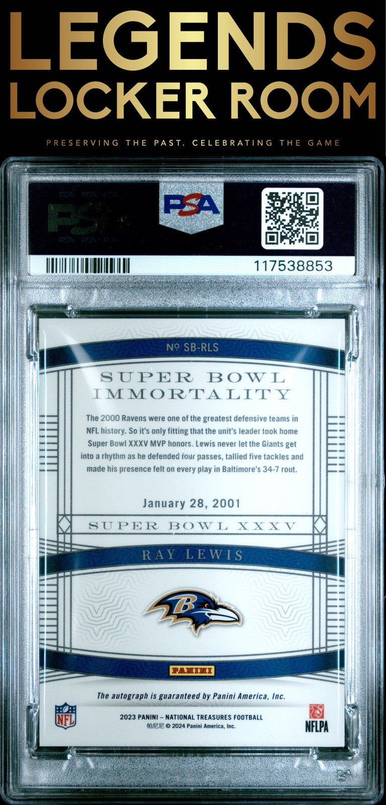 2023 Panini National Treasures Super Bowl Immortality Ray Lewis PSA 7