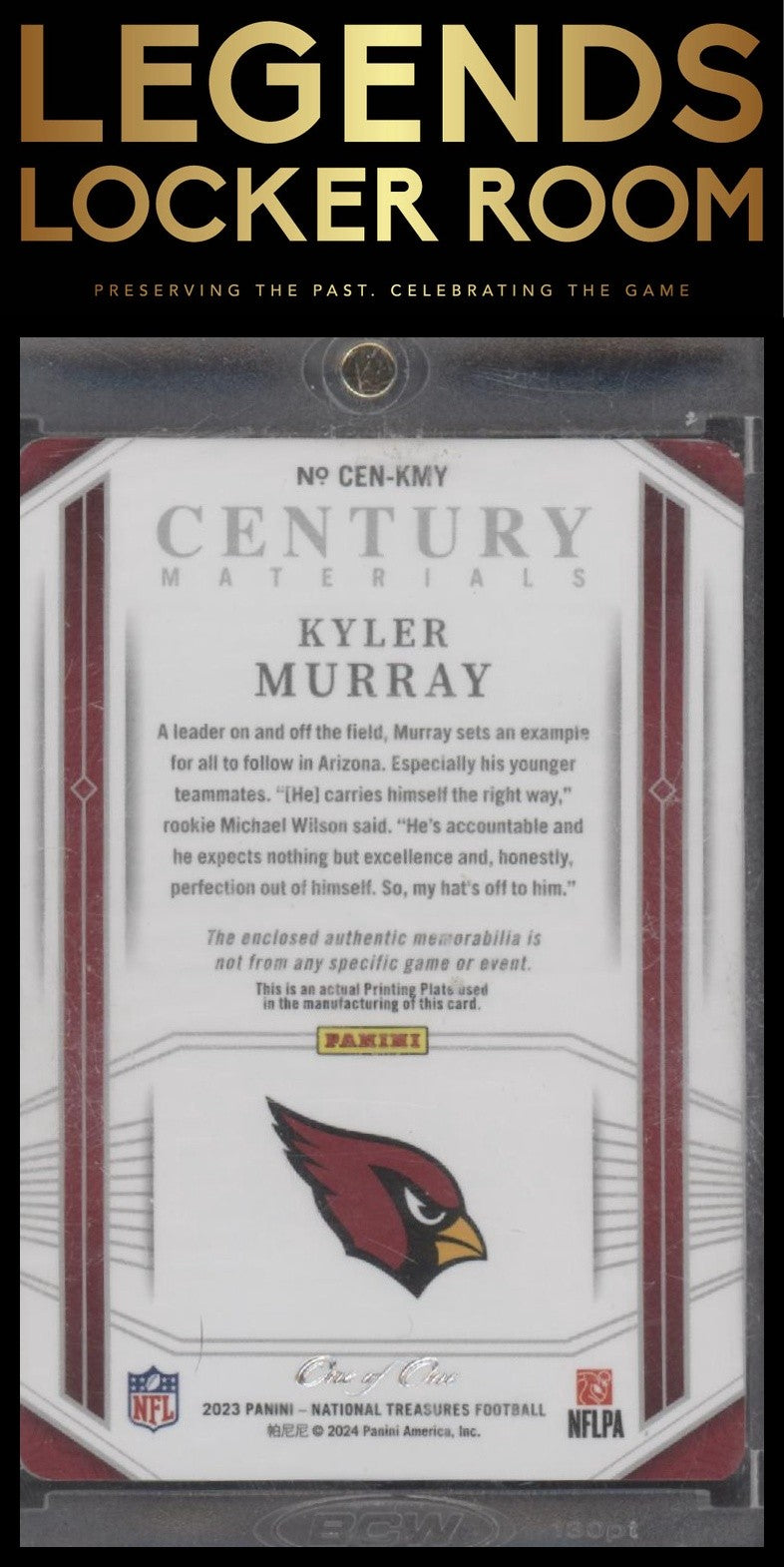 2023 National Treasures Kyler Murray Century Materials Printing Plate 1/1