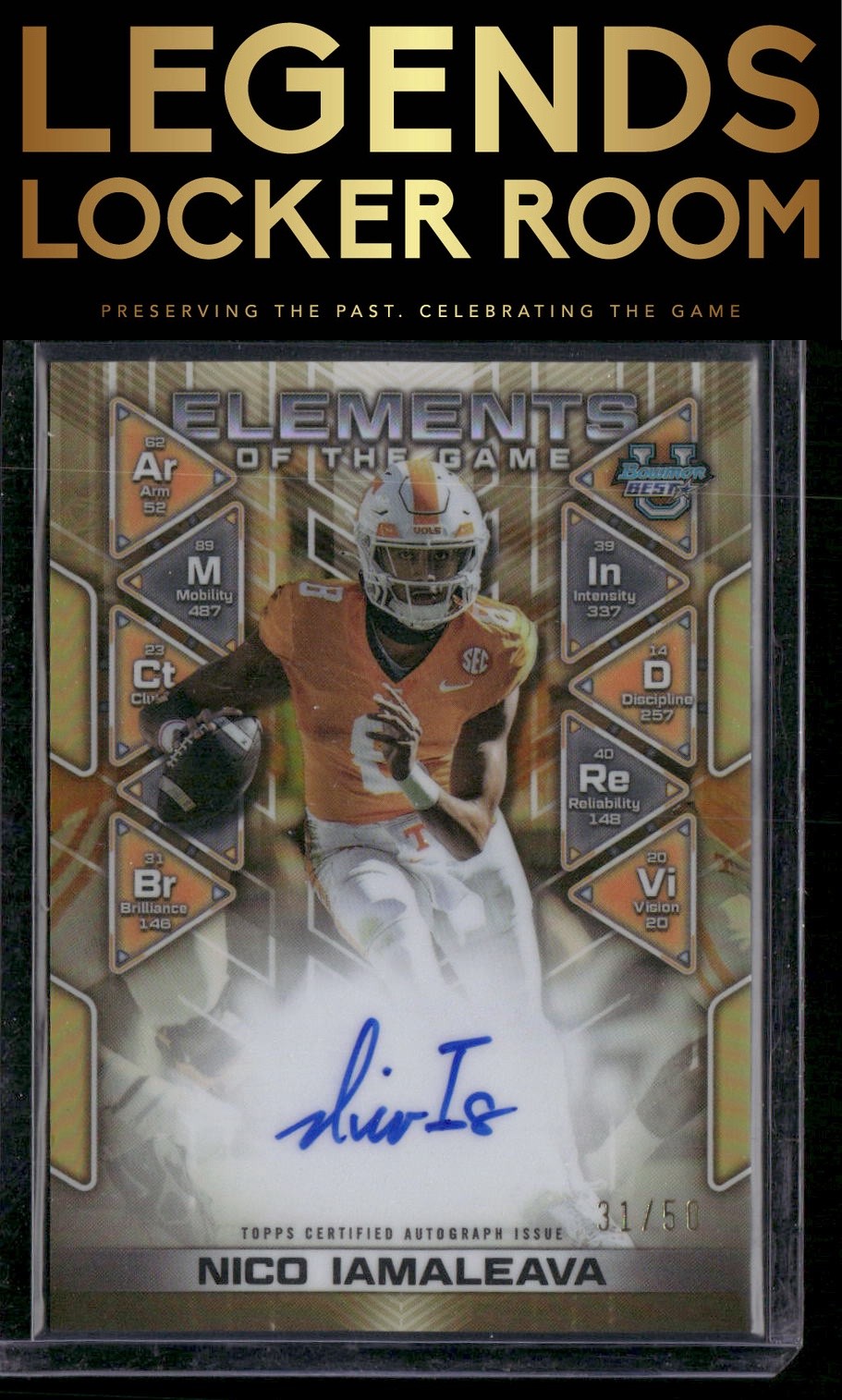 2024 Bowman University Best Nico Iamaleava Elements of the Game Auto Gold /50