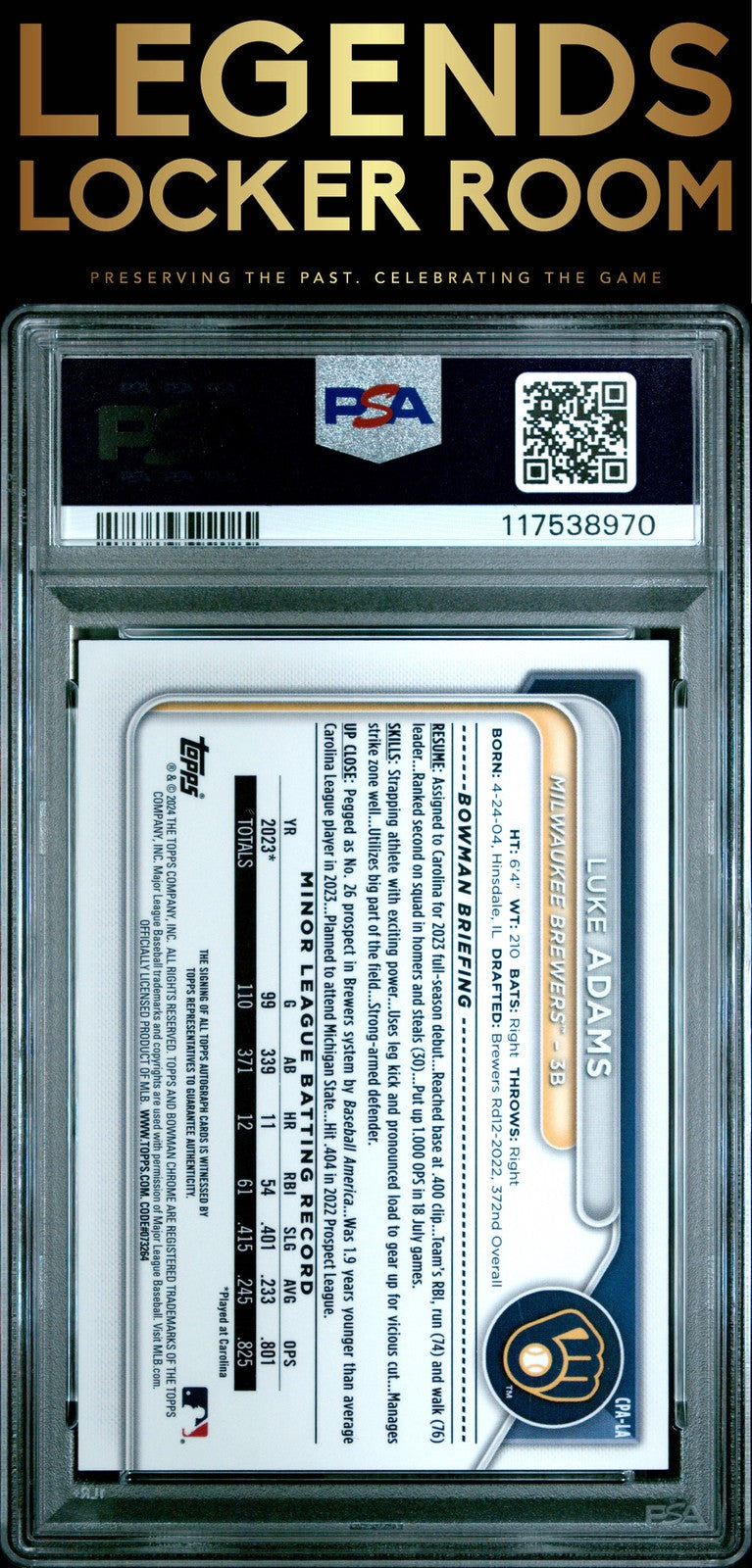 2024 Bowman Chrome Prospect Auto Luke Adams Hta Grn Lava PSA 9