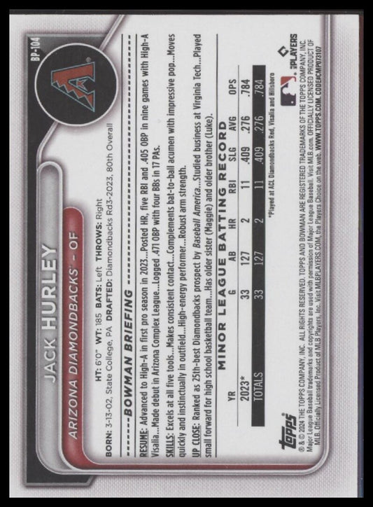 2024 Bowman #BCP-104 Jack Hurley Chrome Prospects