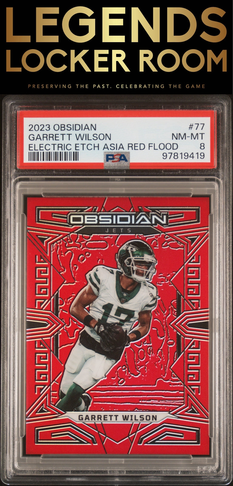 2023 Panini Obsidian #77 Garrett Wilson Electric Etch Asia Red Flood PSA 8