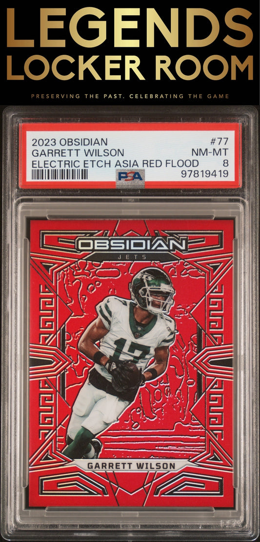 2023 Panini Obsidian #77 Garrett Wilson Electric Etch Asia Red Flood PSA 8