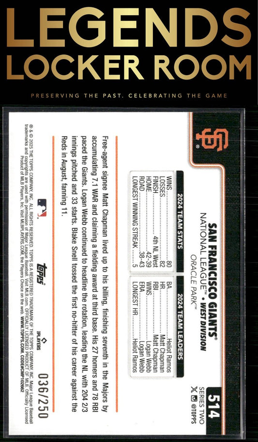 2025 Topps #514 San Francisco Giants Purple Holo Foil #/250