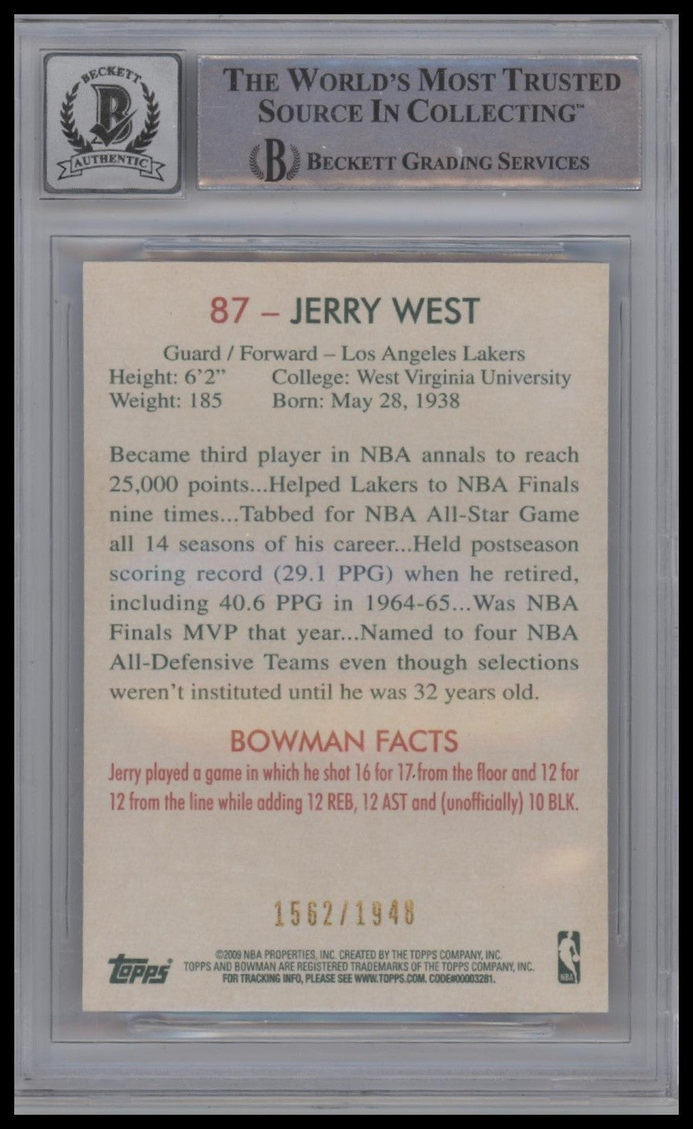 2009-10 Bowman 48 Blue #87 Jerry West Auto BGS 10