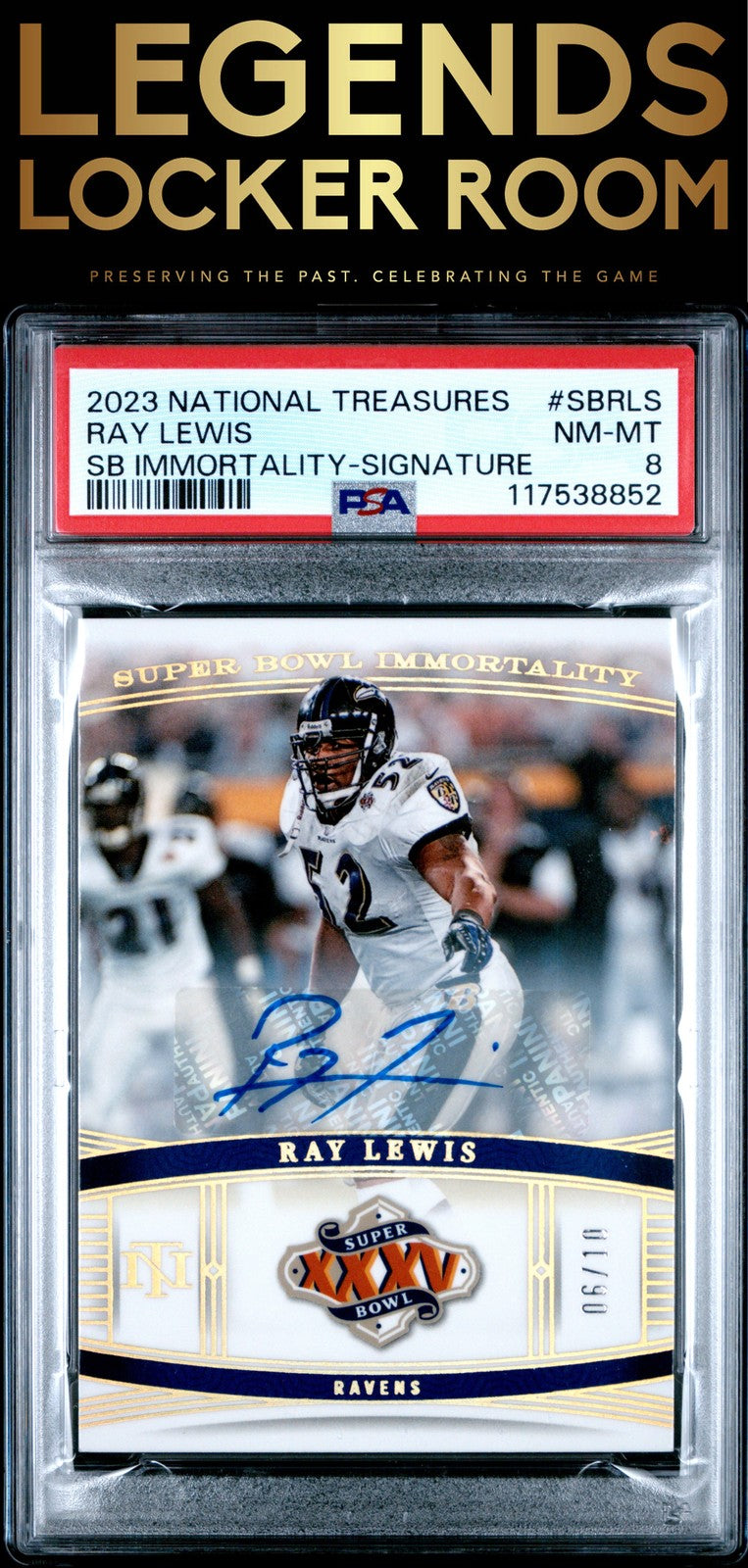 2023 Panini National Treasures Super Bowl Immortality Ray Lewis PSA 8