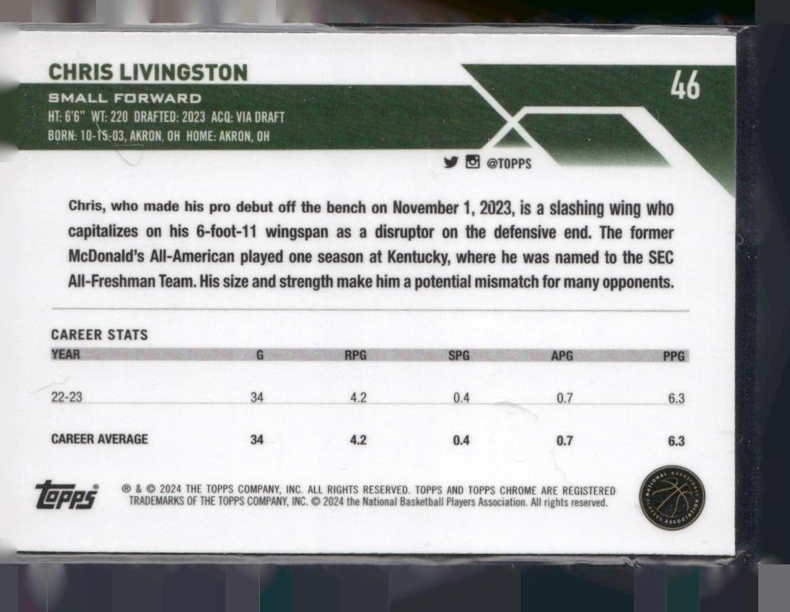 2023-24 Topps Chrome #46 Chris Livingston