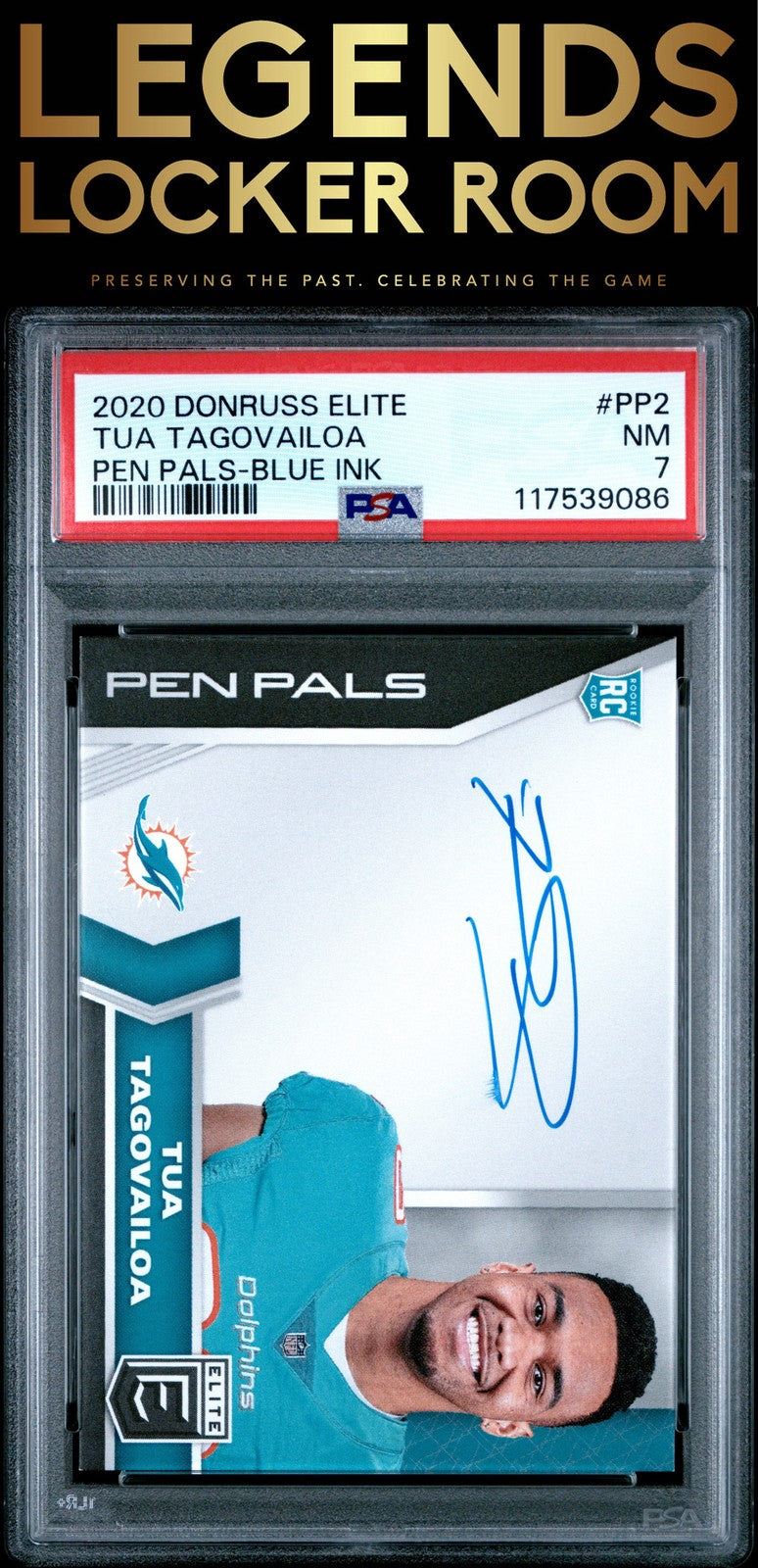 2020 Panini Donruss Elite Pen Pals #PP2 Tua Tagovailoa Pen Pals-Blue Ink PSA 7