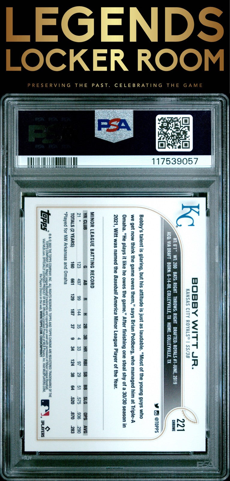 2022 Topps Chrome Sonic #221 Bobby Witt Jr Sp PSA 8
