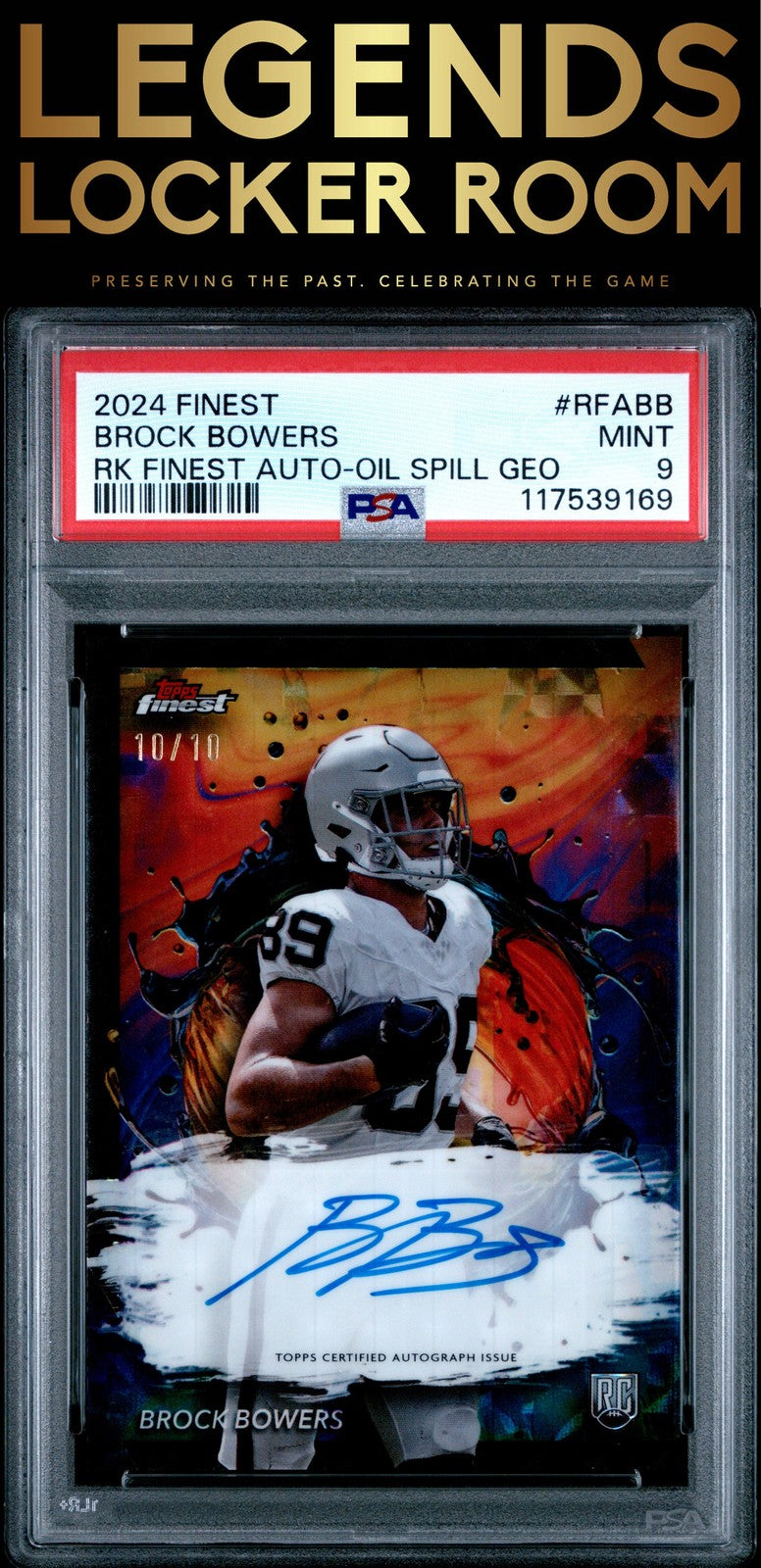 2024 Topps Finest Rookie Autographs Brock Bowers Oil Spill PSA 9