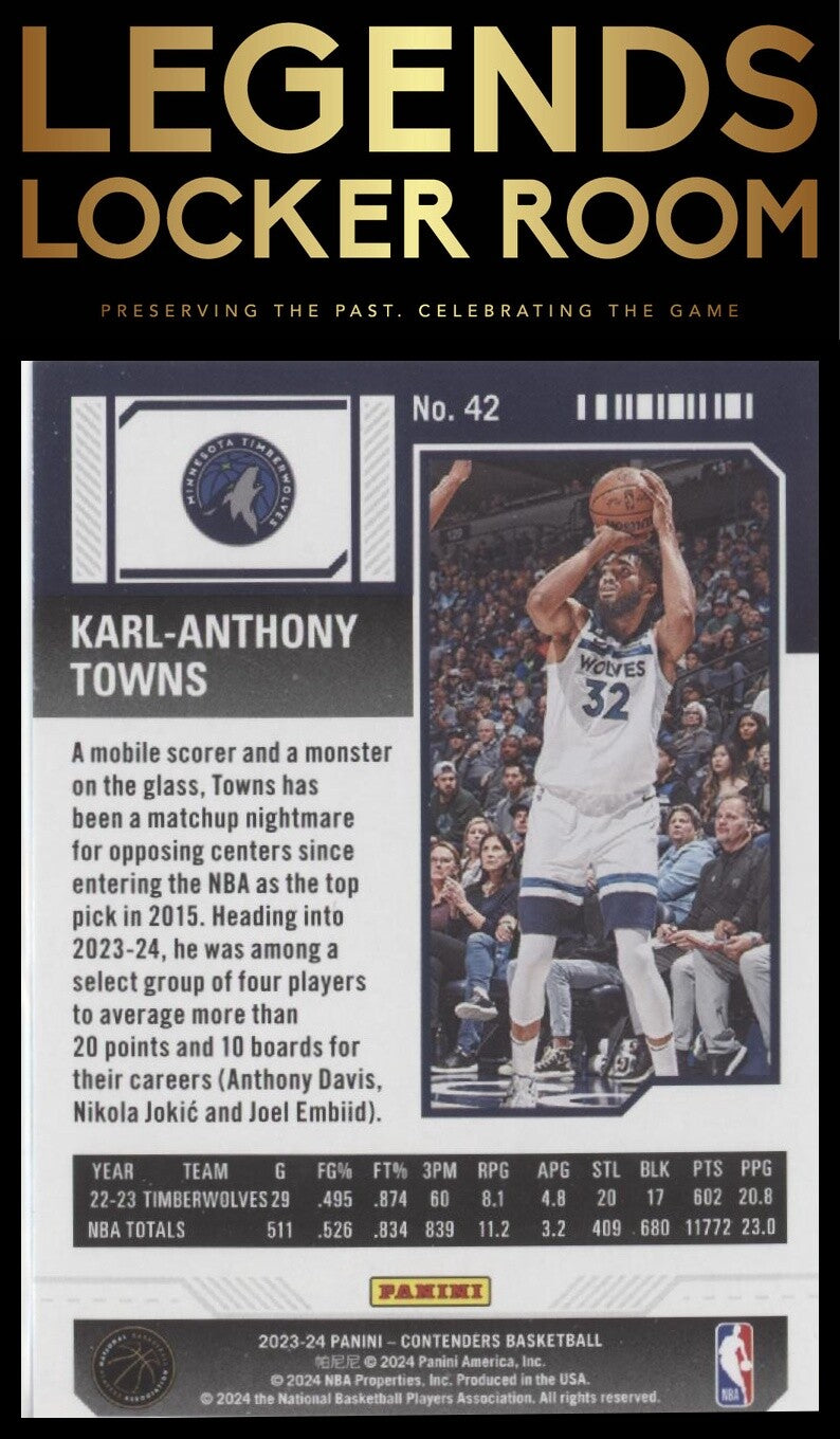 2023-24 Panini Contenders #42 Karl-Anthony Towns Season Ticket Retail