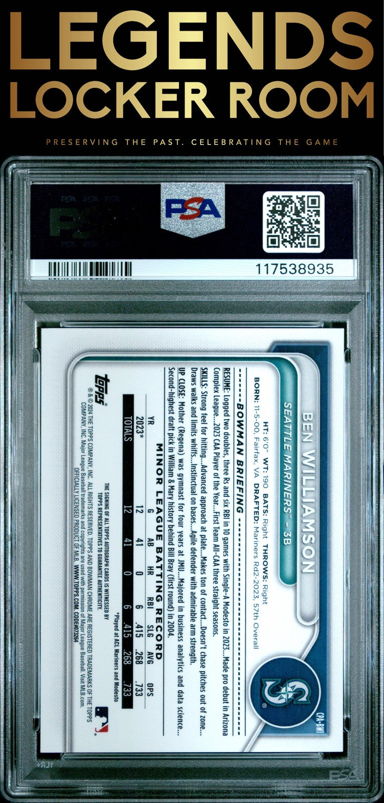 2024 Bowman Chrome Prospect Autographs #CPABWI Ben Williamson PSA 8
