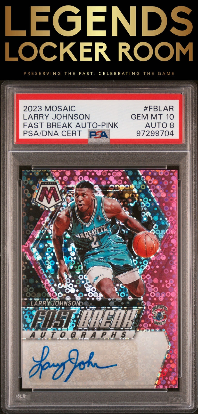 2023 Panini Mosaic Fast Break Auto Larry Johnson Pink PSA 10