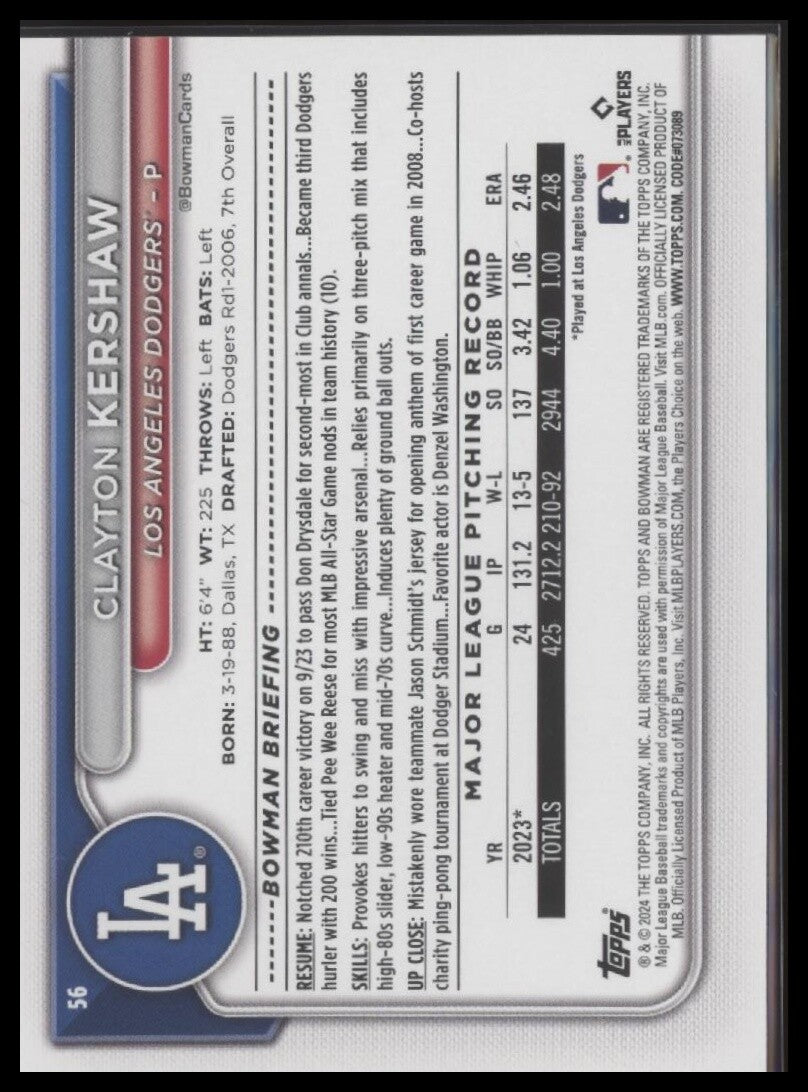 2024 Bowman #56 Clayton Kershaw