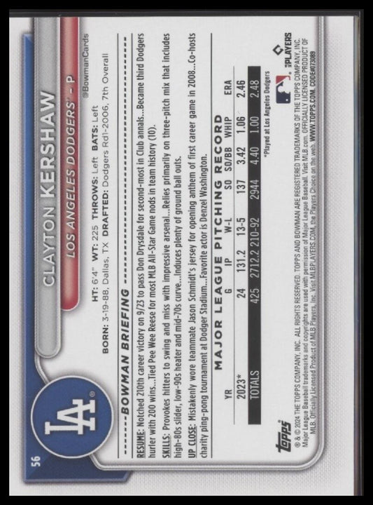 2024 Bowman #56 Clayton Kershaw
