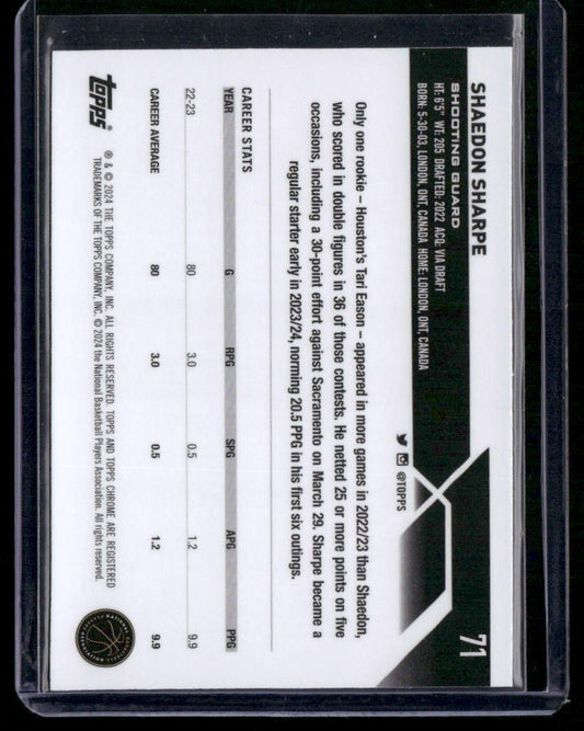2023-24 Topps Chrome #71 Shaedon Sharpe Pink Refractors