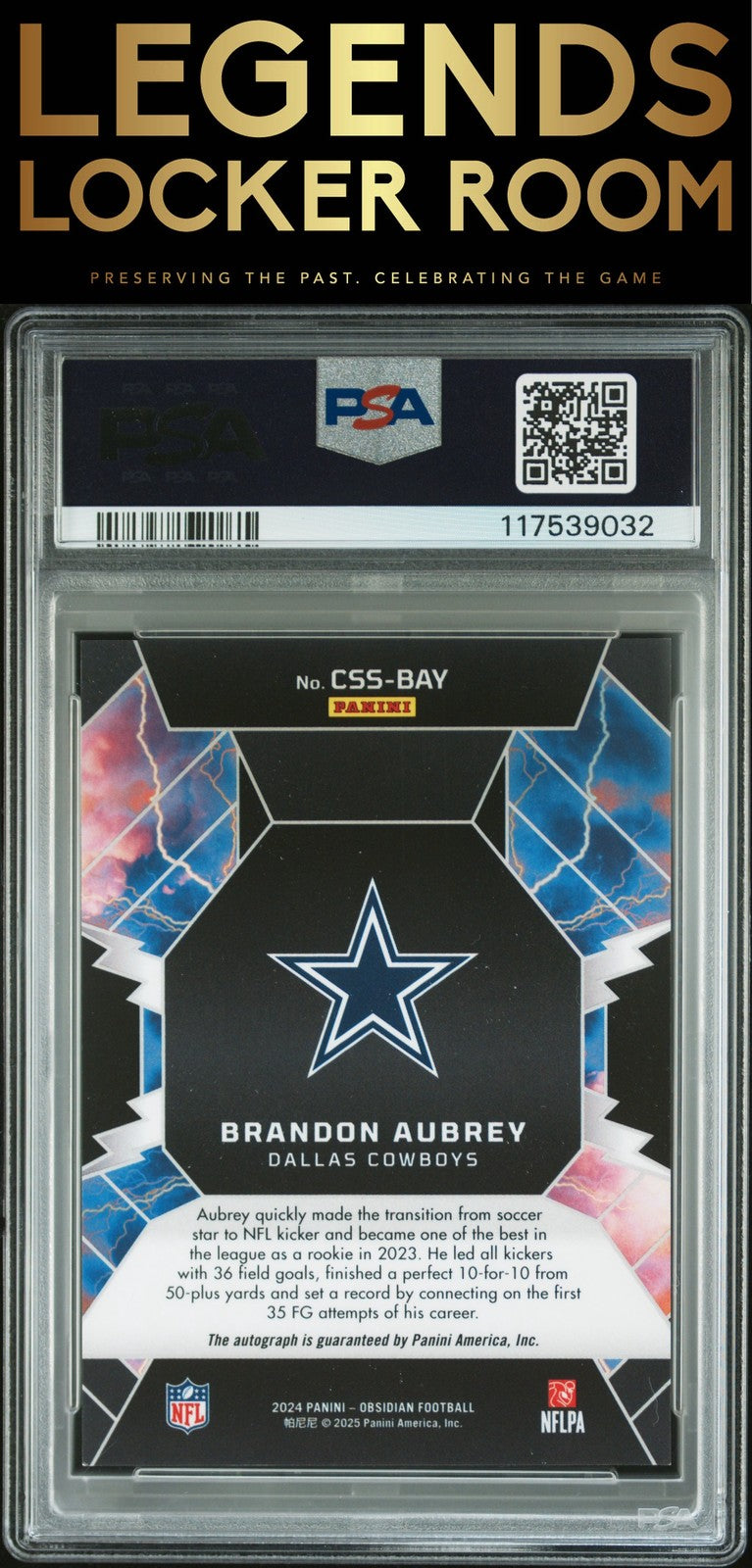 2024 Panini Obsidian Cosmic Storm Signatures #CSSBAY Brandon Aubrey PSA 9