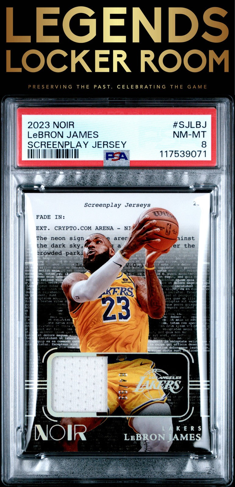 2023 Panini Noir Screenplay Jerseys #SJLBJ Lebron James Screenplay Jersey PSA 8