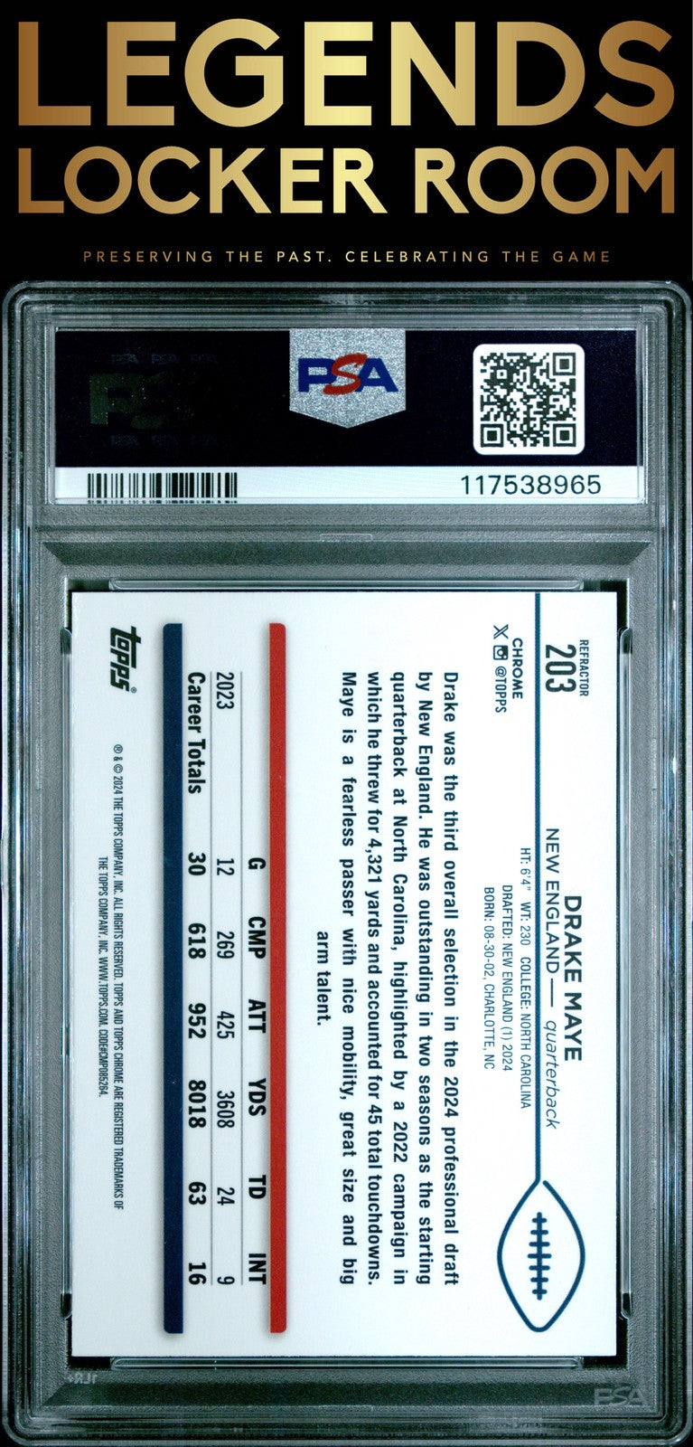 2024 Topps Chrome #203 Drake Maye Refractor PSA 8
