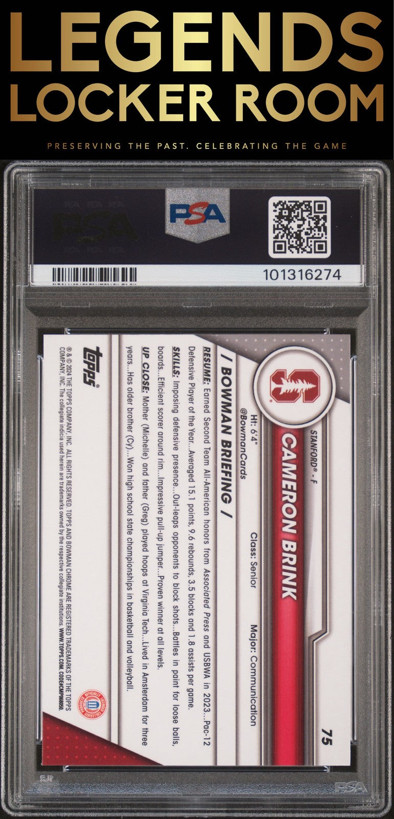 2023 Bowman University Chrome #75 Cameron Brink PSA 9