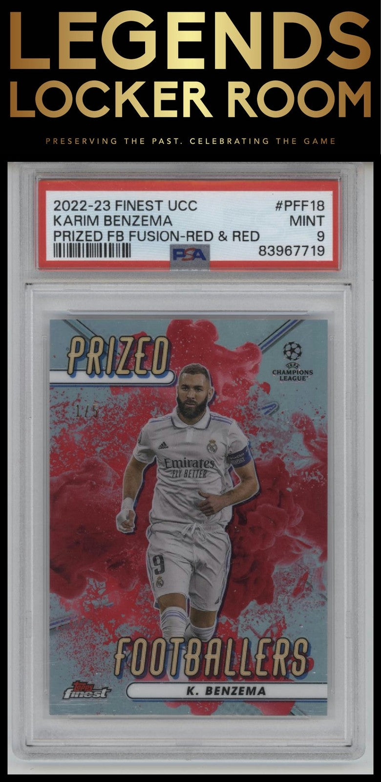 2022-23 Topps Finest UCC Prized Footballers Fusion Karim Benzema Red & Red PSA 9