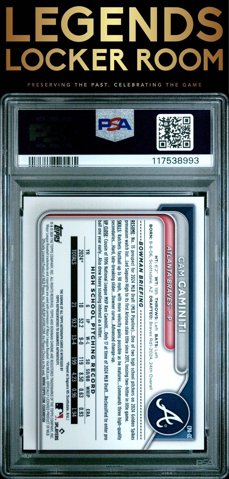2024 Bowman Draft Chrome Prospect Autographs Cam Caminiti Green Lava PSA 10