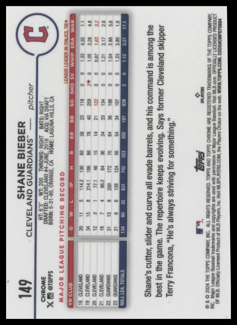 2024 Topps Chrome #149 Shane Bieber