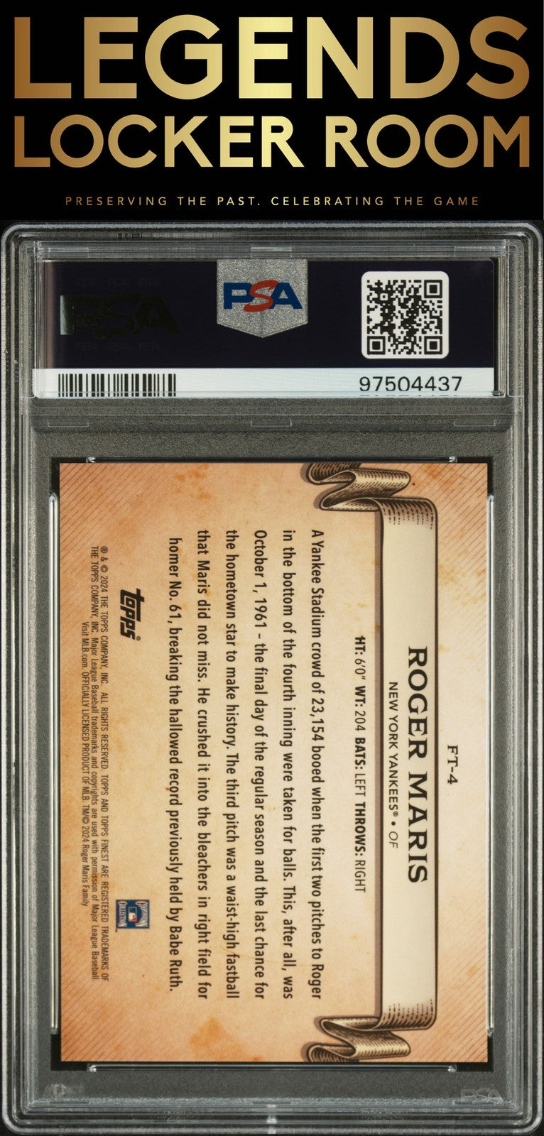 2024 Topps Finest Finest Timelines Roger Maris Purple Refractor PSA 10