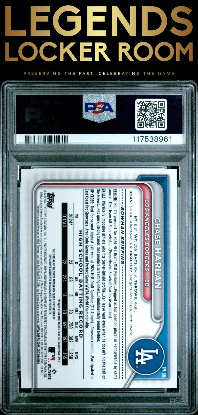 2024 Bowman Draft Chrome Prospect Auto Chase Harlan Hta Choice PSA 10