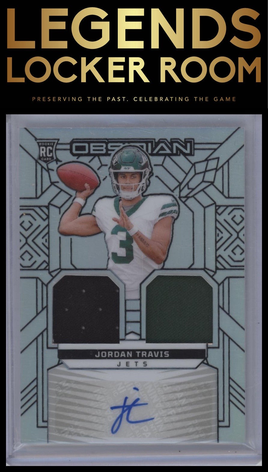 2024 Panini Obsidian #RMI-JTS Jordan Travis Rookie Materials Ink Silver #/99