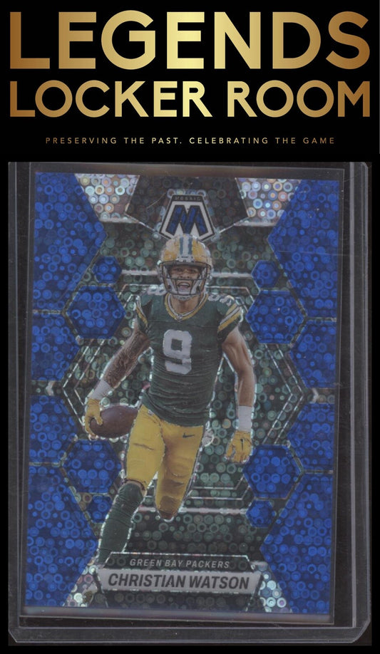 2023 Panini Mosaic #86 Christian Watson Blue No Huddle Mosaic #/75