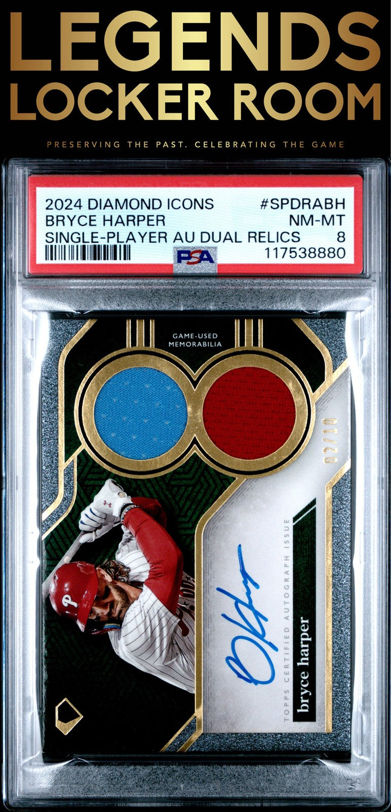 2024 Topps Diamond Icons Single-Player Autograph Dual Relics Bryce Harper PSA 8