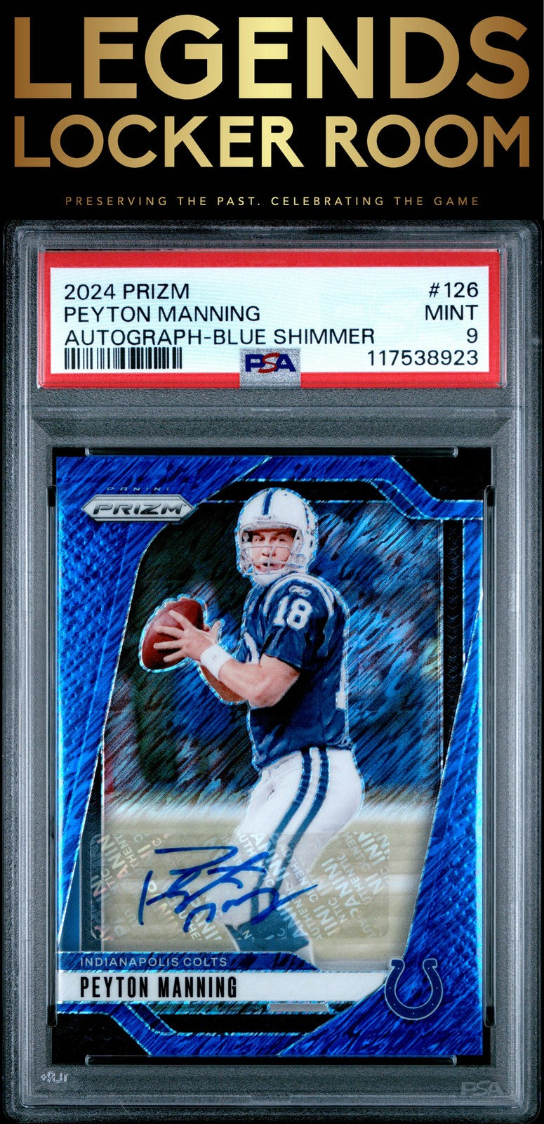 2024 Panini Prizm #126 Peyton Manning Autograph-Blue Shimmer /25 PSA 9