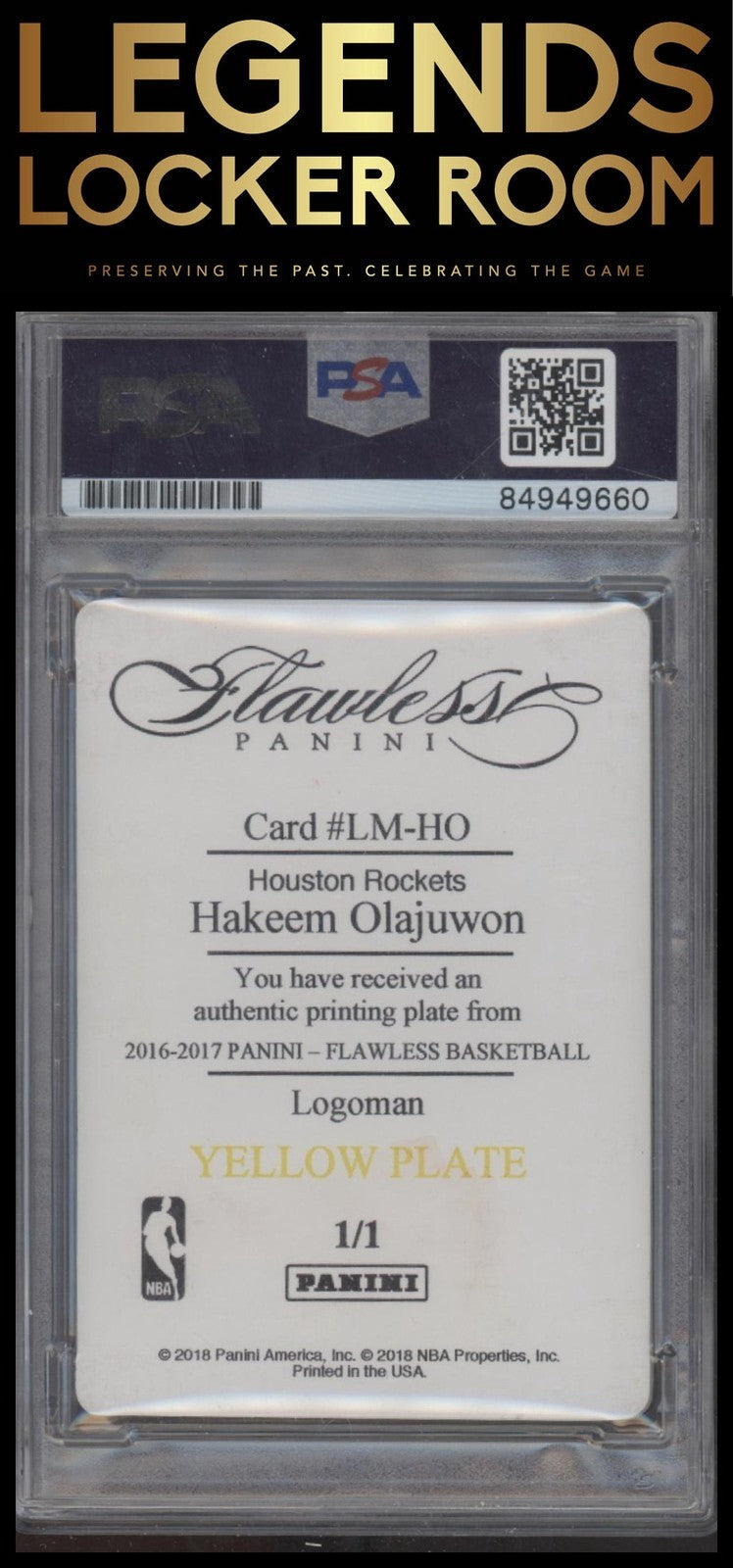 2018-19 Panini Flawless #7 Logoman Printing Plate Hakeem Olajuwon PSA 10