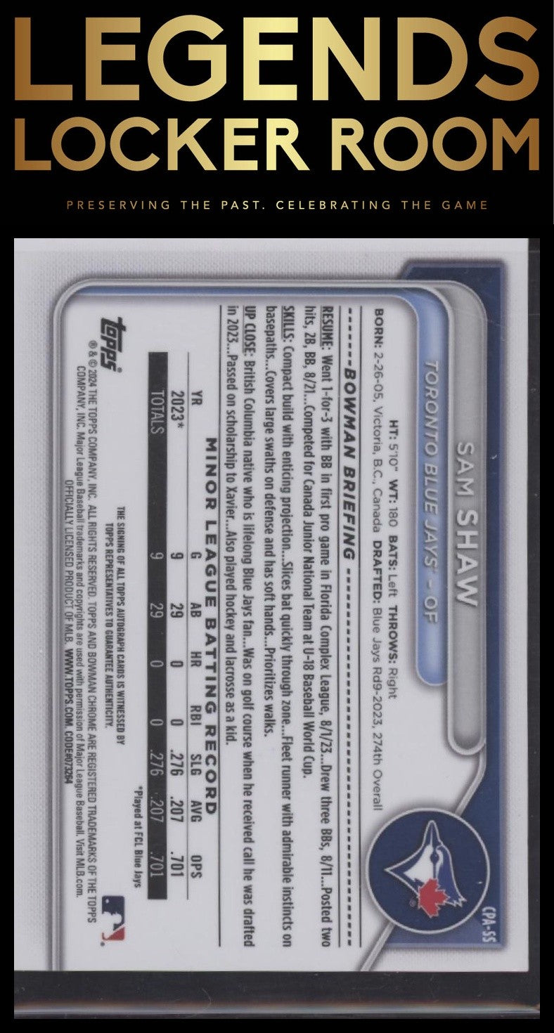 2024 Bowman Sam Shaw Chrome Prospects Auto Green Shimmer Refractors /99