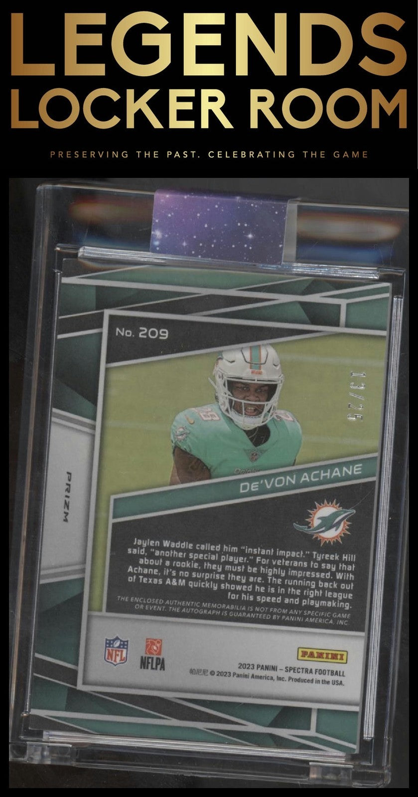 2023 Panini Spectra #209 De'Von Achane Rookie Patch Autographs Neon Pink #/25