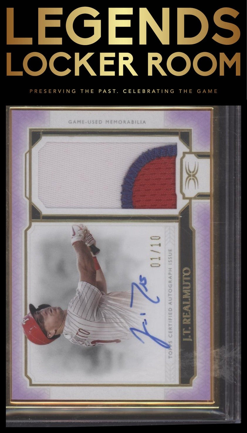 JT Realmuto 2024 Topps Definitive Gold Framed Patch Auto Purple 1/10