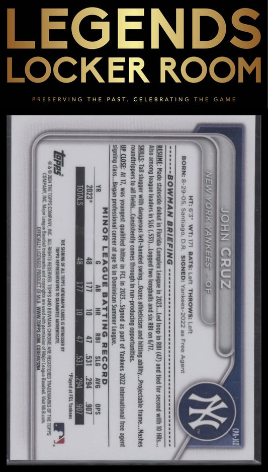 2024 Bowman #CPA-JCZ John Cruz Chrome Prospects Autographs