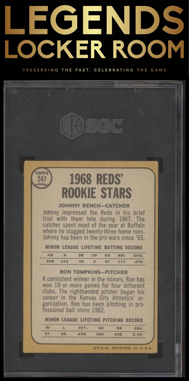 1968 Topps #247b Reds 1968 Rookie Stars (Johnny Bench / Ron Tompkins) SGC 4.5
